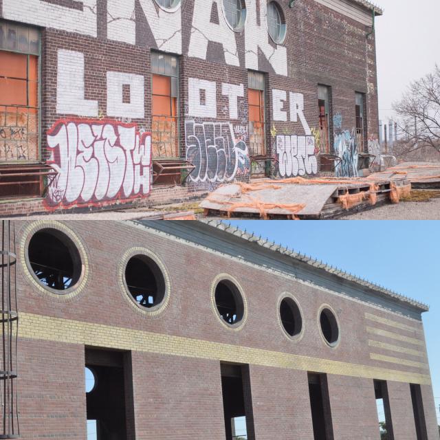 A before and after view of the facade, with the lower image showing early March 2017, image via The Symes